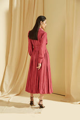 Silk Midi Dress with Pleated Skirt, Tie Waist, and Collared V-Neckline for Refined Styling